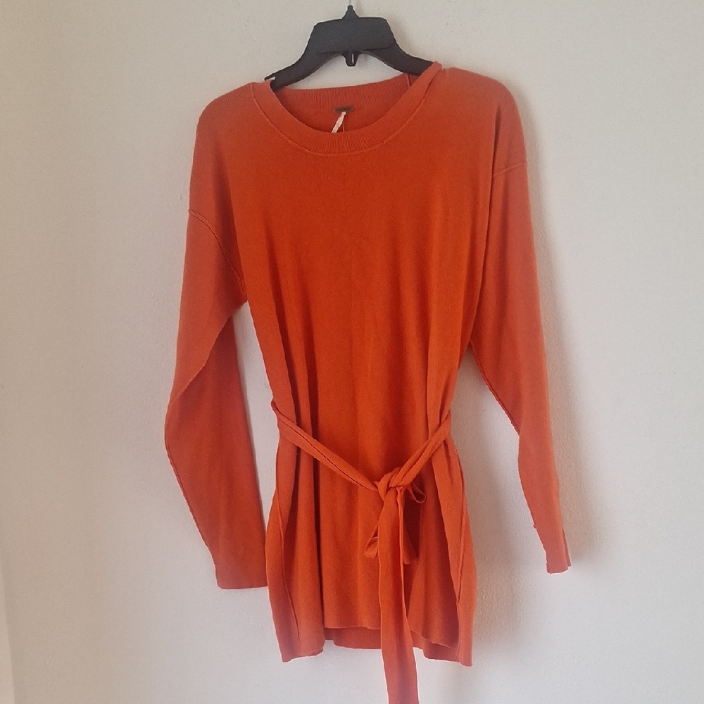 Free People Vibrant Orange Tunic Midi Dress with Tie Sz Xs - SMALL